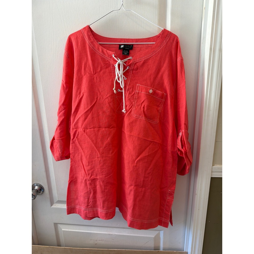 Carole Little Woman 2X Coral Linen Blend 3/4 Sleeve Lace-Up Tunic Top